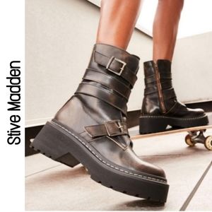 STEVE MADDEN Sarge Leather Motorcycle Boots Black-Brown Size 10